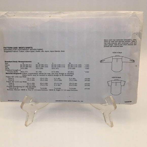 KWIK SEW Multi-size Sewing Pattern #2258 Men's Shirts - Picture 2 of 2